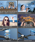 Collage showing features of 4K Camera Drone With FPV And Foldable Design For Adults And Kids, including gesture photography and voice control.