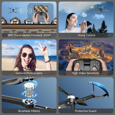 Collage showing features of 4K Camera Drone With FPV And Foldable Design For Adults And Kids, including gesture photography and voice control.