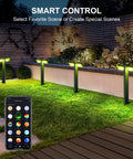 Low Voltage Outdoor LED RGBW Landscape Lights 12V 8W, 400LM Smart Path Lights in garden, app control shown on smartphone screen
