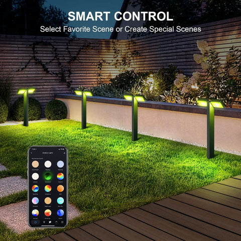Low Voltage Outdoor LED RGBW Landscape Lights 12V 8W, 400LM Smart Path Lights in garden, app control shown on smartphone screen