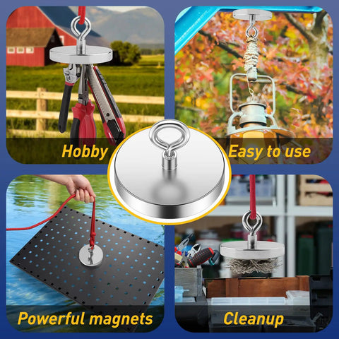 Heavy Duty Fishing Magnet Set With 1600 Lbs Pulling Power, 4.72 Inch Diameter, showcasing uses in various environments