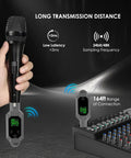 Wireless XLR Transmitter and Receiver Kit for Condenser and Dynamic Mics UHF Wireless System With 8 Hour Battery shown in use with mic