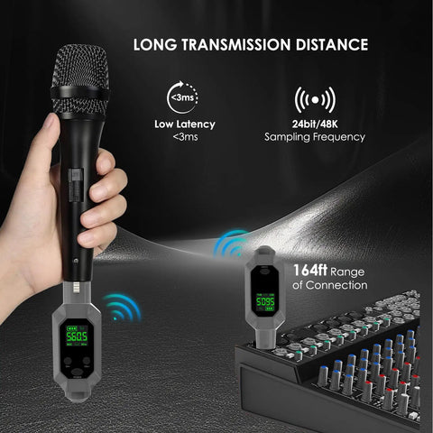 Wireless XLR Transmitter and Receiver Kit for Condenser and Dynamic Mics UHF Wireless System With 8 Hour Battery shown in use with mic