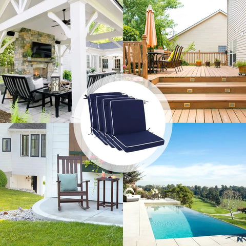 Set Of 4 Outdoor Patio Chair Cushions 20 By 17 Inch Seat Cushions With Ties, Water Resistant UV Protected All Weather Cushions displayed on patio chairs