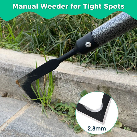 Close-up of 29 Inch Long Manual Crack Weeder For Sidewalk Crevices And Paver Edges Metal Handle Weed Puller with blade detail