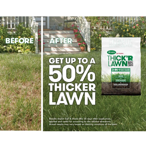 3 In 1 Lawn Seed, Fertilizer And Soil Improver bag with before and after lawn comparison image