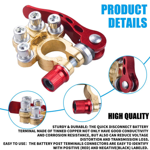 4 Way Battery Terminal Clamp Connectors Kit, Quick Release Car Battery Terminals for SAE and JIS Type A Posts, 2 Pack