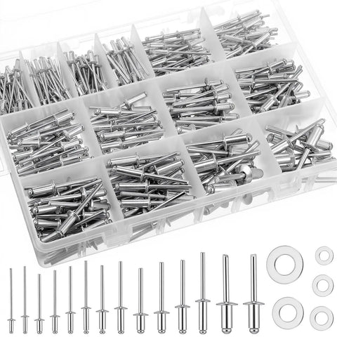 Must Have 1000-Piece Aluminum Pop Rivets Kit With 14 Sizes And Stainless Backup Washers in organized storage case