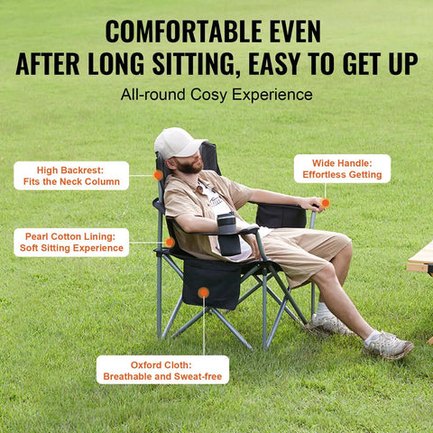 Oversized Camping Folding Chair With Quad Lumbar Back Support, equipped with side pockets, cup holder, comfortable man relaxing outdoors