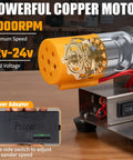 Top Shelf Mini Belt Sander Electric Bench Grinder With Dead On 15 Degree Knife Sharpener showing powerful copper motor and power adapter.