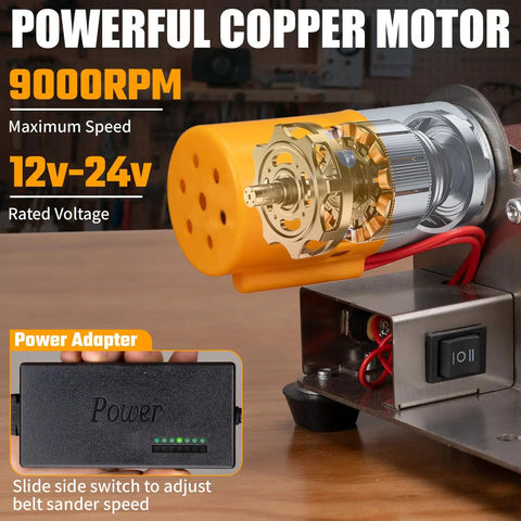 Top Shelf Mini Belt Sander Electric Bench Grinder With Dead On 15 Degree Knife Sharpener showing powerful copper motor and power adapter.