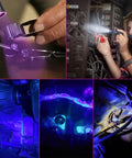 Rechargeable Pen Flashlight With UV And White Light 395nm Black Light Pen used for repairs shown in various scenarios and UV detection
