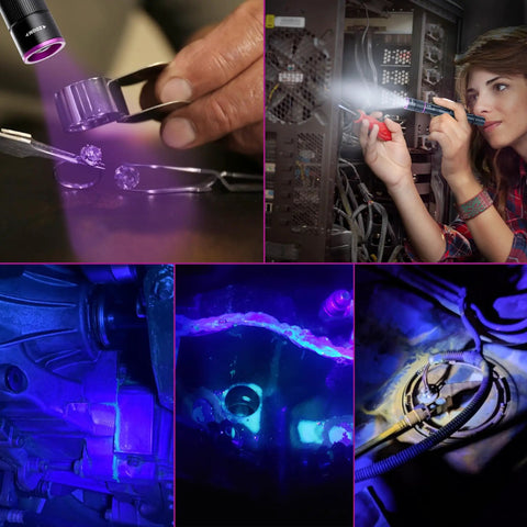 Rechargeable Pen Flashlight With UV And White Light 395nm Black Light Pen used for repairs shown in various scenarios and UV detection