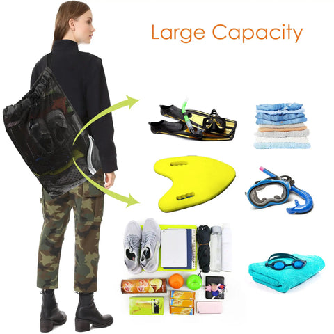 Mesh Drawstring Backpack For Beach And Pool with swim gear and contents showcased, highlighting large capacity and versatility.