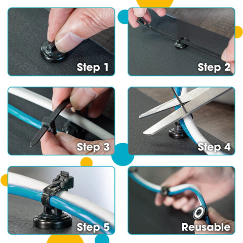 Steps of using Magnetic Cable Zip Tie Mounts Black 20 Pack With 20 Black Zip Ties Included for cable management