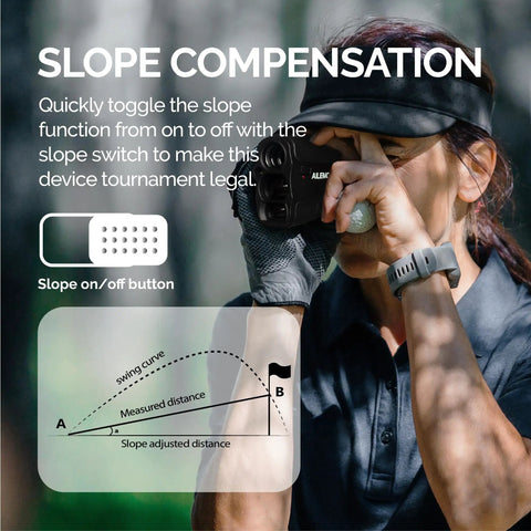 Golf Laser Rangefinder With Fast Focus High Precision 5 To 900 Yard Range Slope Mode Flagpole Lock Up To 250 Yards Continuous Scan Vibration Feedback Ideal For Golf And Hunting in use by golfer with slope compensation feature highlighted.