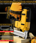 Heavy Duty Cordless Brad Nailer And Staple Gun Combo For Precision Trim Work Upholstery And Home Repair Fits Standard Twenty Volt Batteries, close-up showing the nail gun's features.