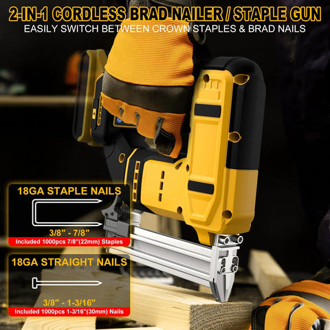 Heavy Duty Cordless Brad Nailer And Staple Gun Combo For Precision Trim Work Upholstery And Home Repair Fits Standard Twenty Volt Batteries, close-up showing the nail gun's features.