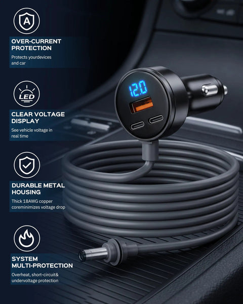 Straight Shot Car Power Adapter For Mini Internet Setup With Ten Foot Thick Copper Cable Plugs into vehicle jack, showing clear voltage display.