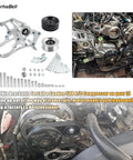 LS Air Conditioner Bracket Kit For Sanden 508L And 709 Fits Camaro LS Engines And Truck Water Pumps Belt Tensioner Compatible Easy Install Plug And Play, showing kit components and installation on engine.