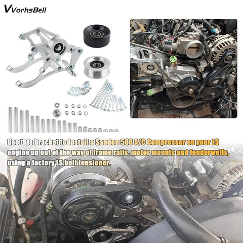LS Air Conditioner Bracket Kit For Sanden 508L And 709 Fits Camaro LS Engines And Truck Water Pumps Belt Tensioner Compatible Easy Install Plug And Play, showing kit components and installation on engine.