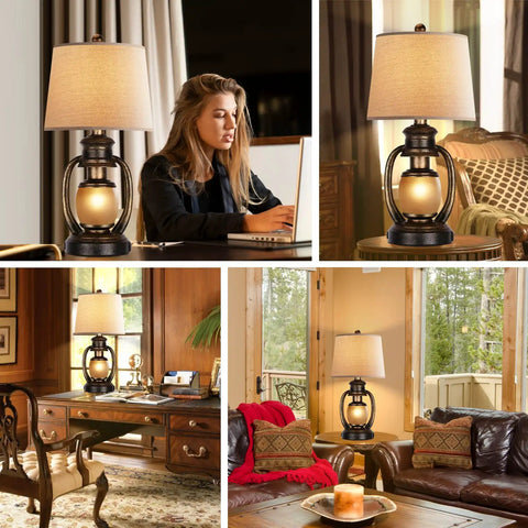 Rustic Lantern Table Lamp For Living Room And Bedroom End Table With Oatmeal Tapered Drum Shade, Built In USB Ports And AC Outlet in cozy home settings.