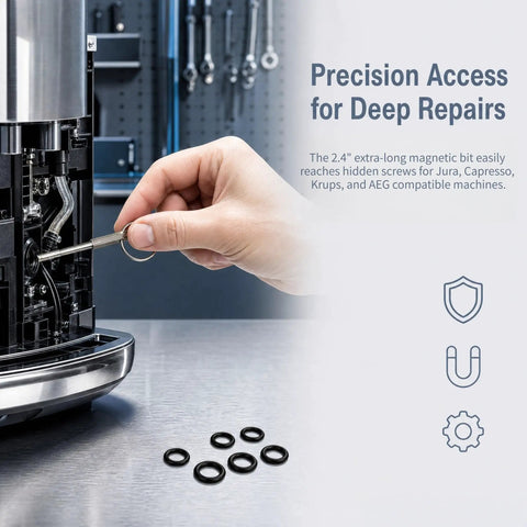 Hand using Oval Security Bit Magnetic Repair Tool In 316 Stainless Steel, 2.4 Inch with gaskets for espresso machine repair