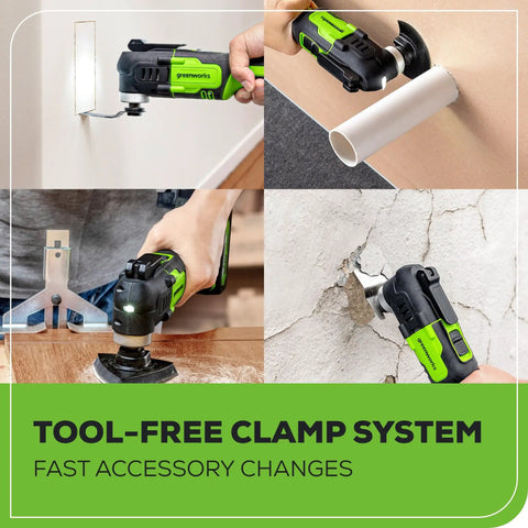 24V Cordless Oscillating Multi Tool With 6 Speed Settings 18,000 OPM in use for cutting, sanding, and scraping on various surfaces