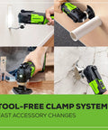 Cordless Oscillating Multi Tool For Cutting Scraping Sanding And Nailing, 18,000 OPM, 6 Speed Settings in use on various materials