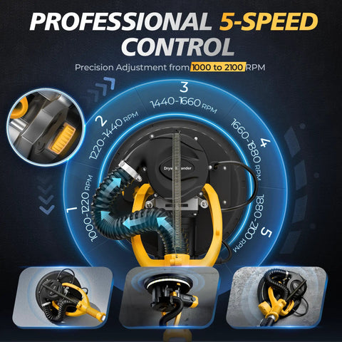 Pro Grade 880W Drywall Sander With Adjustable 5 Speed Settings And 1000 To 2100 Rpm showing speed control dial and features.