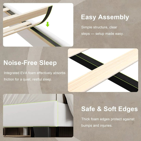 Full Size Bed Frame With Headboard White Upholstered Velvet Platform Bed Built Like A Tank With Solid Wood Slats Rock Solid Support No Box Spring Required No Fuss Setup For Modern Spaces assembly details, showcasing soft edges and EVA foam support.