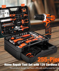 245-Piece Tool Set With 12V Cordless Drill Driver Drawer Style Toolbox Case All In One Home Repair Kit For DIY Projects