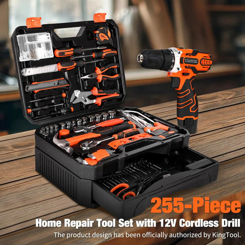 245-Piece Tool Set With 12V Cordless Drill Driver Drawer Style Toolbox Case All In One Home Repair Kit For DIY Projects