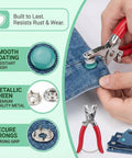 Installing colorful fastener from 200 Pieces 9.5mm Alloy Snap Button Kit on denim, showing durable rust-resistant snaps for DIY projects.