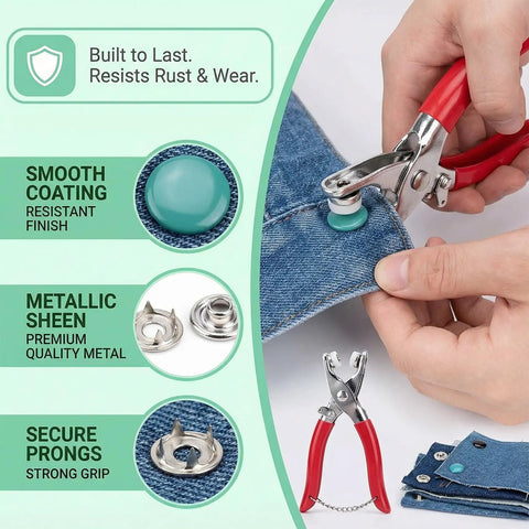 Installing colorful fastener from 200 Pieces 9.5mm Alloy Snap Button Kit on denim, showing durable rust-resistant snaps for DIY projects.