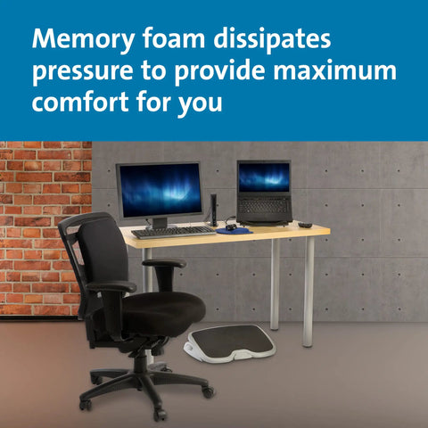 Premium Memory Foam Backrest Cushion For Chair on ergonomic office chair beside a desk with dual monitors in workspace.