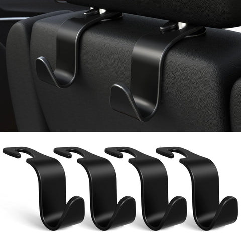Amooca car seat headrest hooks, 4-pack, black metal S-hooks for hanging bags in car