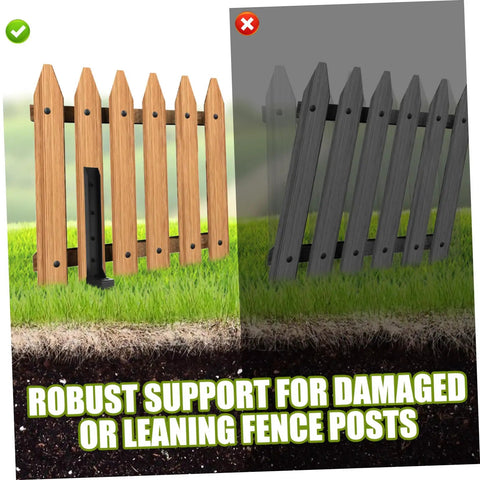 Heavy Duty Fence Post Repair Anchors With Ground Spike For Quick Installation And Enhanced Stability Of Tilted Wood And Metal Fences In Gardens And Backyards Compatible With Most Fence Post Materials, showing anchor used on wooden fence.