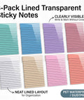 8 Pack Colored Transparent Sticky Notes with Lined Translucent Sheets 4x6 inches showing six colors and clear lined layout