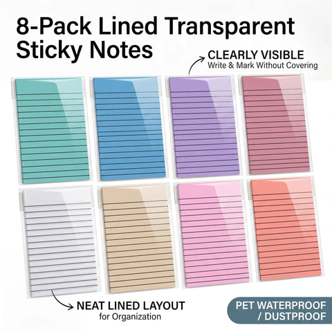 8 Pack Colored Transparent Sticky Notes with Lined Translucent Sheets 4x6 inches showing six colors and clear lined layout