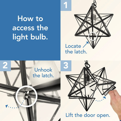 Instructions for accessing the light bulb on Star 145-001 9 Inch Wide One Light Mini Pendant in Oil Rubbed Bronze Finish Moravian Style