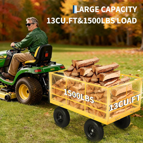 Beast 1400 Pound Garden Dump Cart 3 In 1 Yard Wagon With Removable Side Panels And 13 Inch All Terrain Tires in use towing firewood