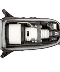 Glass Limo Camera Backpack For Pro DSLR Gear With Tripod Mount holding large tele lens and DSLR body, black, open view