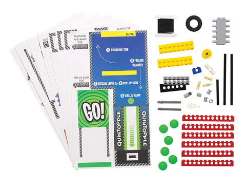 Chain Reactions Design And Build Amazing Moving Machines Kit For Curious Makers And Kid Engineers With Hands On STEM Fun Create Mind Blowing Rube Goldberg Style Setups And Awesome Moving Builds parts and instruction cards