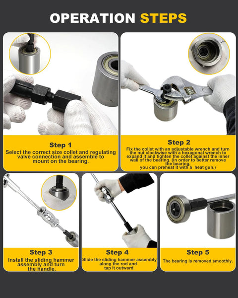 Operation steps for Blind Hole Bearing Puller Set for Bicycles and Motor Vehicles, 12-piece internal bearing extractor with slide hammer.