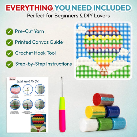 Latch Hook Rug Kit Hot Air Balloon Design For Kids And Adults Do It Yourself Craft Set With Color Canvas Pre Cut Yarn Hook Tool Easy Instructions
