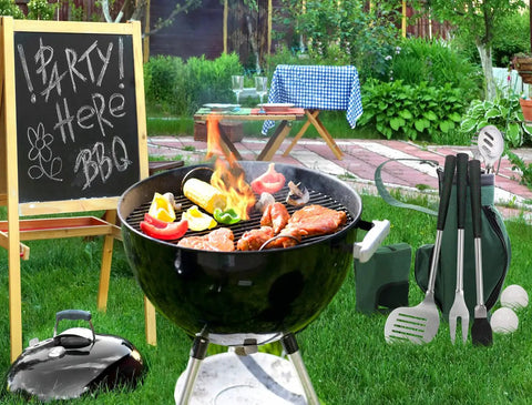 Golf Club Style BBQ Tool Set 7 Piece with Rubber Handles Stainless Steel Grilling Utensils Kit beside outdoor grill scene.