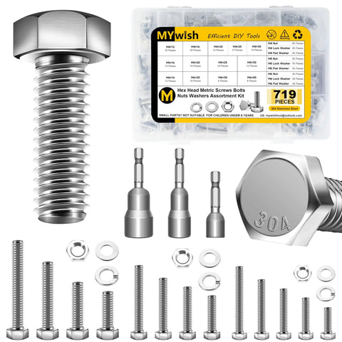 All In One Metric Bolt Kit With M4 M5 M6 And M8 Hex Head Bolts Nuts And Washers 719 Piece Set for DIY Projects