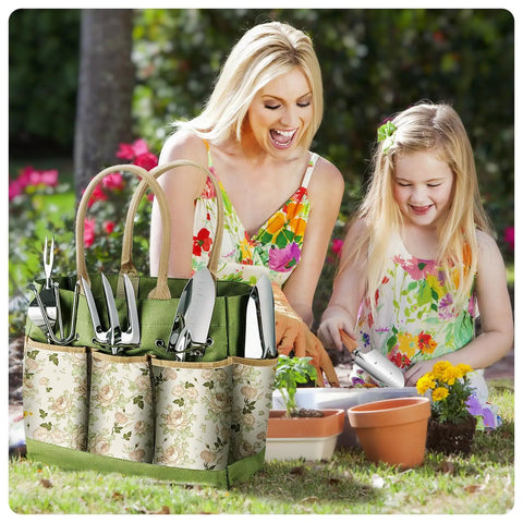 Woman and child with 9-Piece Heavy Duty Garden Hand Tools Set With Rust-Proof Stainless Steel Tools And Cool Organizer Tote