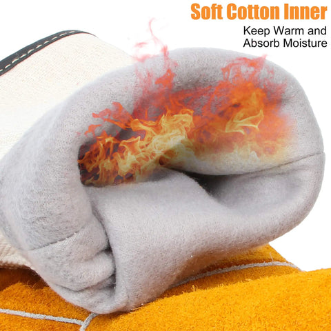 Heavy Duty Welding Gloves 12 Pairs Cow Leather Heat Resistant Mitts For Forge Mig Stick Tig Welding Oven Grill Fireplace Stove Fireproof Hand Protection With Cozy Soft Lining showing soft cotton inner with flame effect